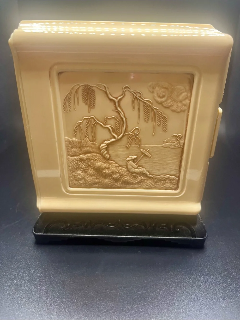 Vintage 1950s Celluloid Jewelry Box Asian Scenic 3 Drawer Vanity Trinket Chest.